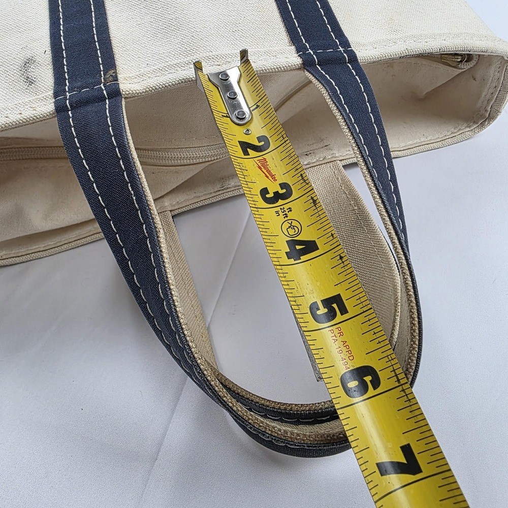 L.L. Bean Boat And Tote Bag Womens Small Beige Blue Canvas Zip Top Beach Casual - Picture 9 of 14